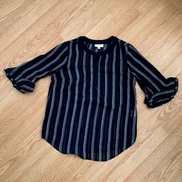 ModCloth Blue Striped Sheer Blouse Size M Tiered Flutter Ruffle Sleeve - Picture 8 of 11